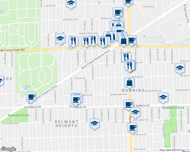 map of restaurants, bars, coffee shops, grocery stores, and more near 3805 North Osceola Avenue in Chicago