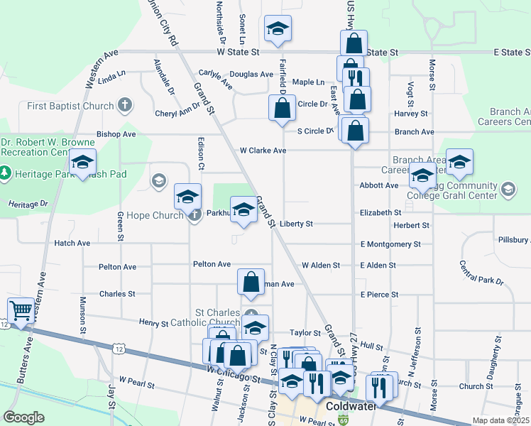 map of restaurants, bars, coffee shops, grocery stores, and more near 25 Parkhurst Avenue in Coldwater