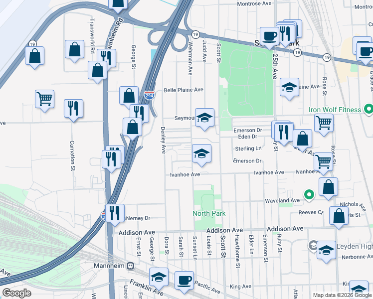map of restaurants, bars, coffee shops, grocery stores, and more near 3926 Wehrman Avenue in Schiller Park