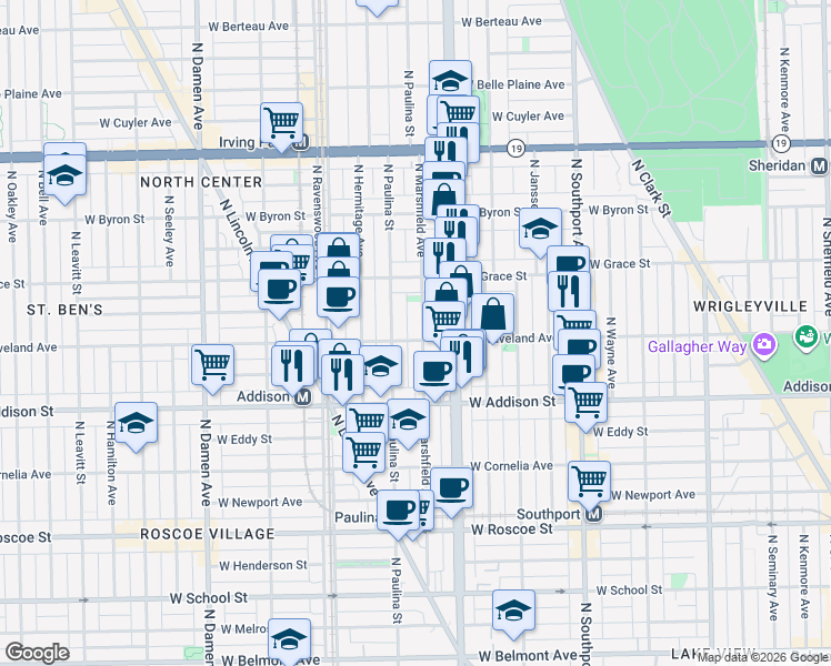 map of restaurants, bars, coffee shops, grocery stores, and more near 3704 North Marshfield Avenue in Chicago