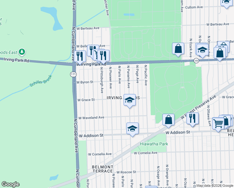 map of restaurants, bars, coffee shops, grocery stores, and more near 3812 North Paris Avenue in Chicago
