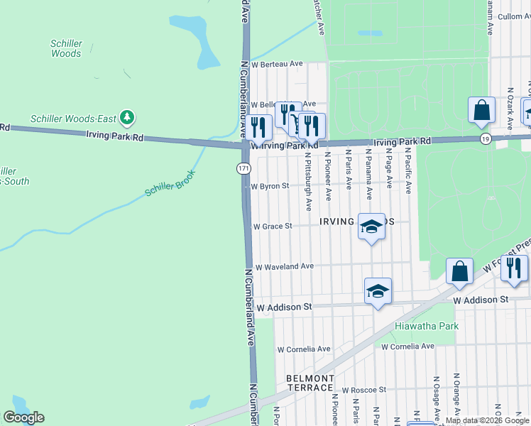 map of restaurants, bars, coffee shops, grocery stores, and more near 3820 North Pontiac Avenue in Chicago