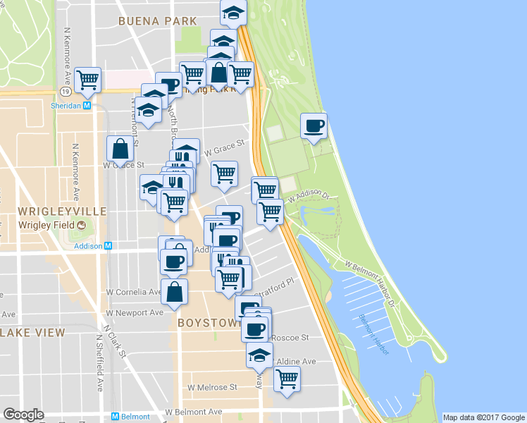 map of restaurants, bars, coffee shops, grocery stores, and more near 520 West Addison Street in Chicago