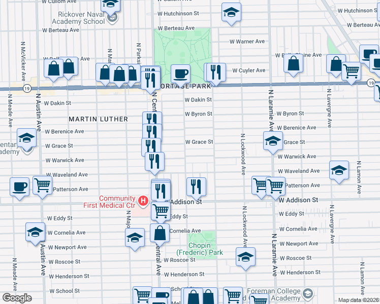 map of restaurants, bars, coffee shops, grocery stores, and more near 5436 West Warwick Avenue in Chicago