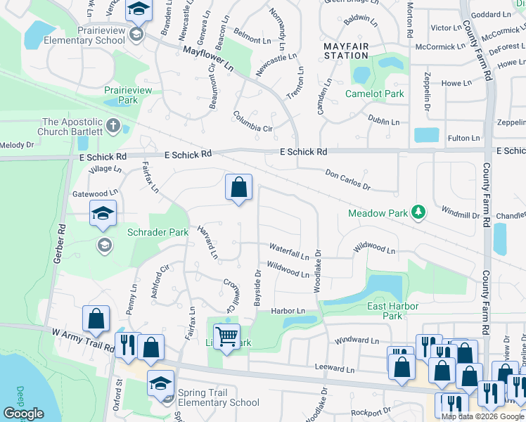 map of restaurants, bars, coffee shops, grocery stores, and more near 2363 Cove Drive in Hanover Park
