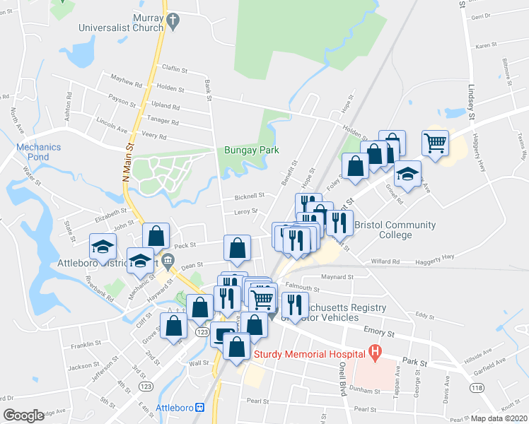 map of restaurants, bars, coffee shops, grocery stores, and more near 32 Leroy Street in Attleboro