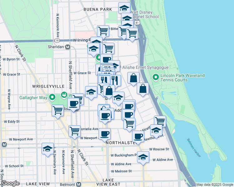map of restaurants, bars, coffee shops, grocery stores, and more near 3665 North Broadway in Chicago