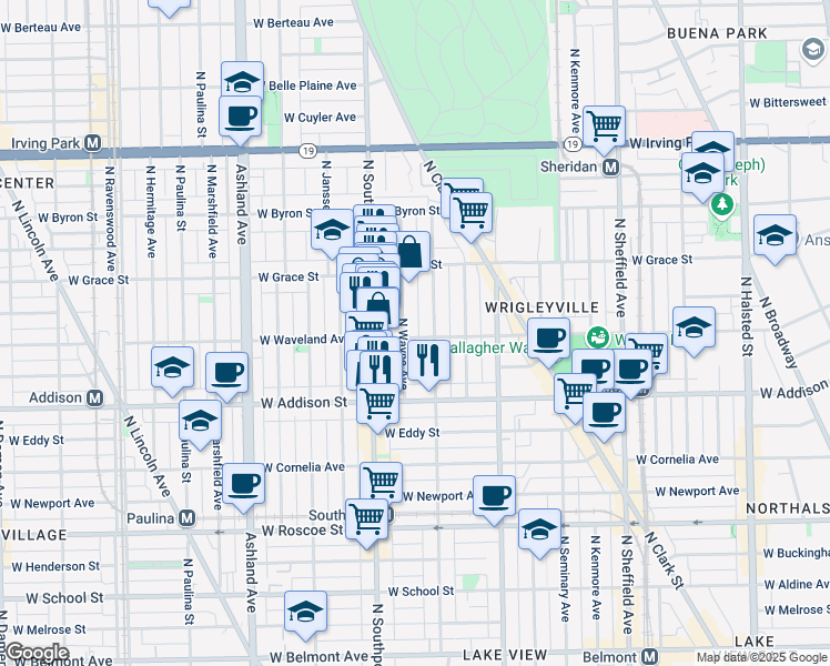 map of restaurants, bars, coffee shops, grocery stores, and more near 1314 West Waveland Avenue in Chicago