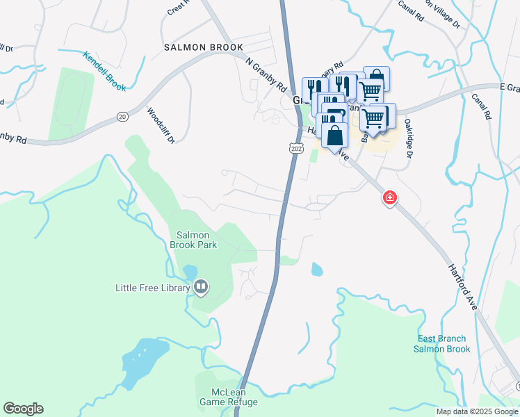 map of restaurants, bars, coffee shops, grocery stores, and more near 8 Pendleton Road in Granby