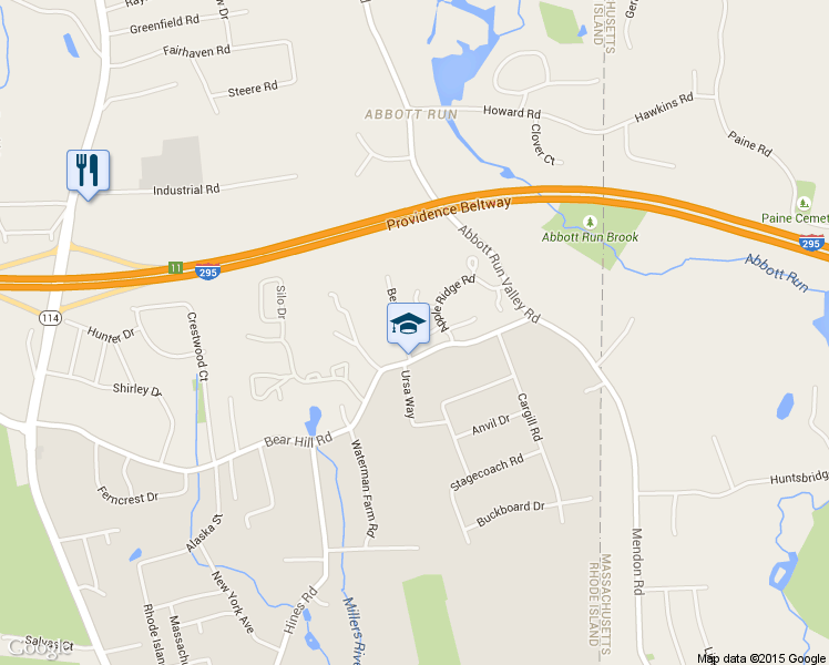 map of restaurants, bars, coffee shops, grocery stores, and more near 11 Autumn Circle in Cumberland