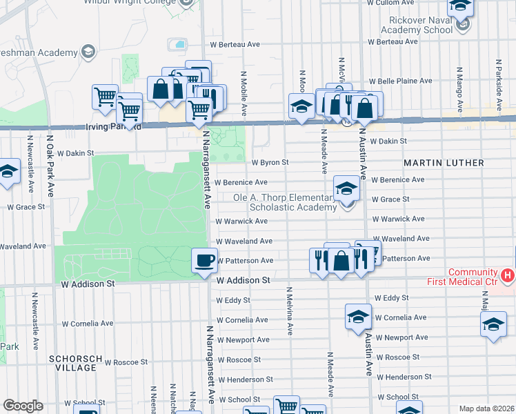 map of restaurants, bars, coffee shops, grocery stores, and more near 6235 West Grace Street in Chicago
