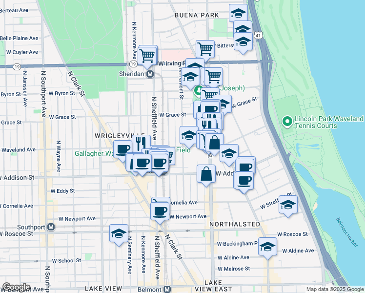 map of restaurants, bars, coffee shops, grocery stores, and more near W Waveland Ave & N Fremont St in Chicago