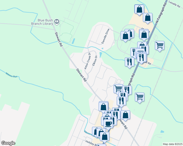 map of restaurants, bars, coffee shops, grocery stores, and more near 1772 Elkton Drive in Monroe
