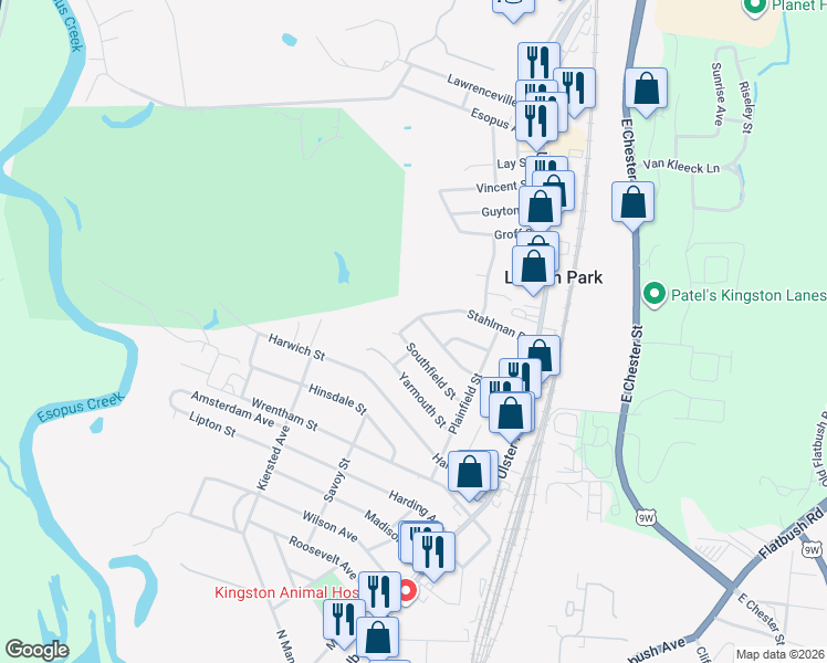 map of restaurants, bars, coffee shops, grocery stores, and more near 115 Stahlman Place in Kingston