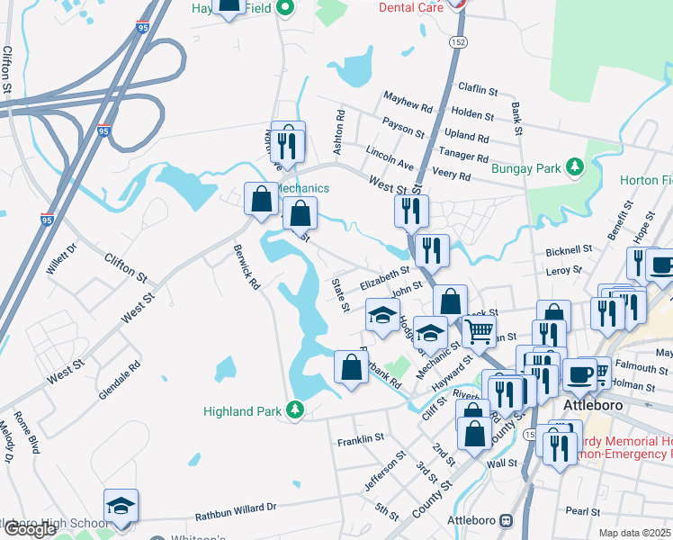 map of restaurants, bars, coffee shops, grocery stores, and more near 23 Milk Street in Attleboro