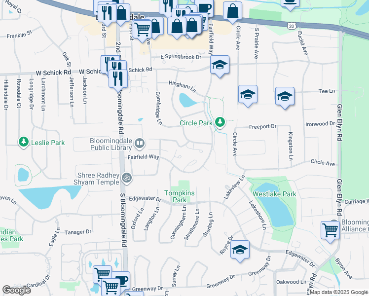 map of restaurants, bars, coffee shops, grocery stores, and more near 150 Quincy Court in Bloomingdale