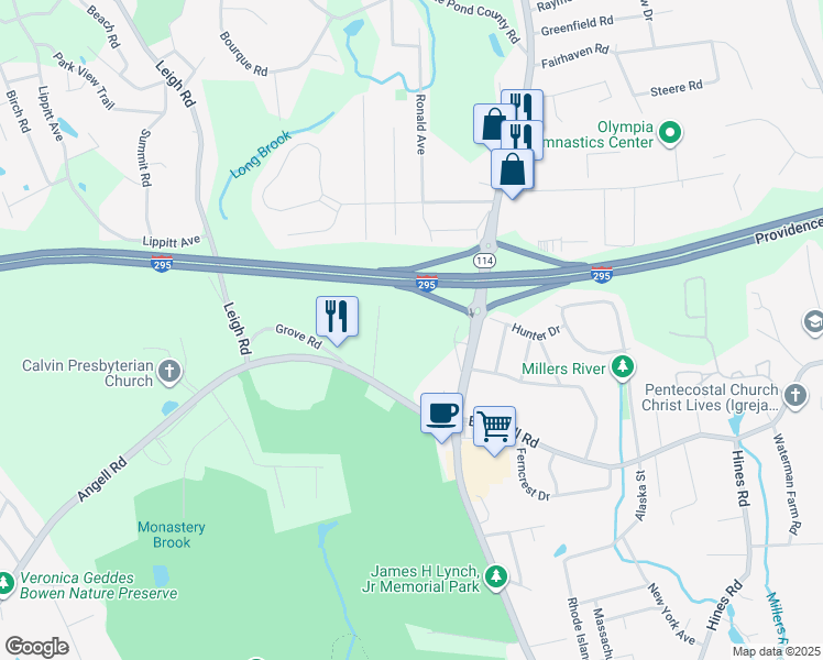 map of restaurants, bars, coffee shops, grocery stores, and more near 10 Old Diamond Hill Road in Cumberland