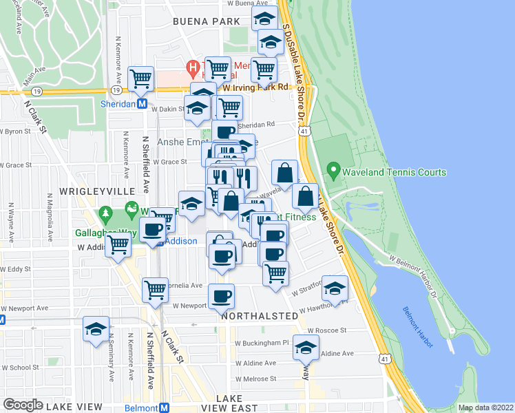 map of restaurants, bars, coffee shops, grocery stores, and more near 3665 North Broadway in Chicago