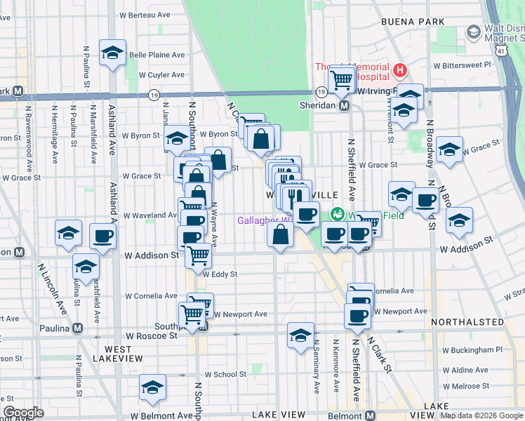 map of restaurants, bars, coffee shops, grocery stores, and more near 1216 West Waveland Avenue in Chicago