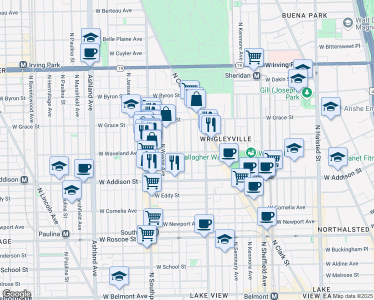map of restaurants, bars, coffee shops, grocery stores, and more near 1250 West Waveland Avenue in Chicago