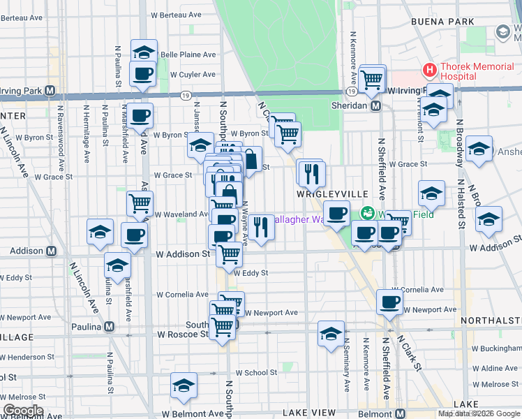 map of restaurants, bars, coffee shops, grocery stores, and more near 1250 West Waveland Avenue in Chicago