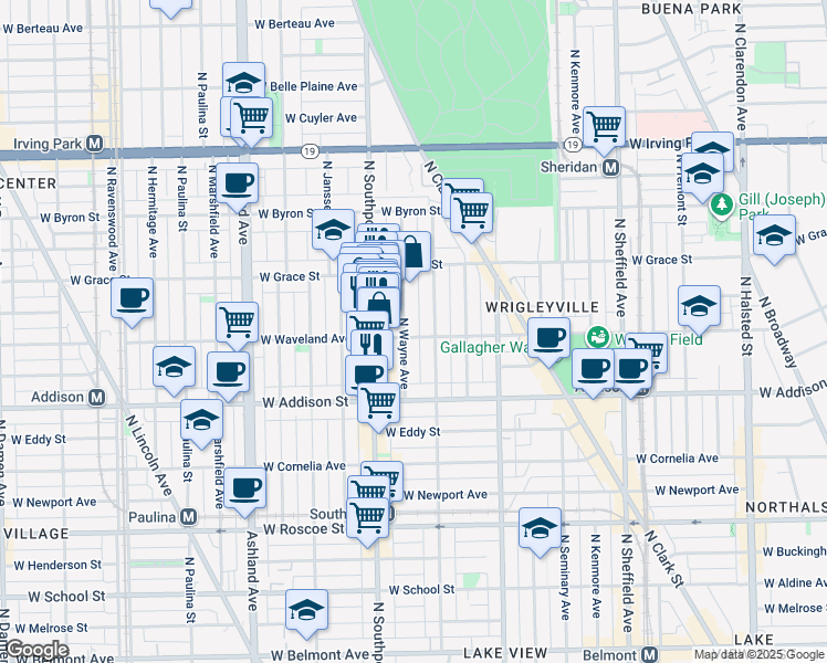map of restaurants, bars, coffee shops, grocery stores, and more near 1336 West Waveland Avenue in Chicago