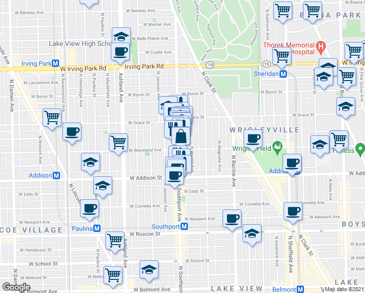 map of restaurants, bars, coffee shops, grocery stores, and more near 1336 West Waveland Avenue in Chicago