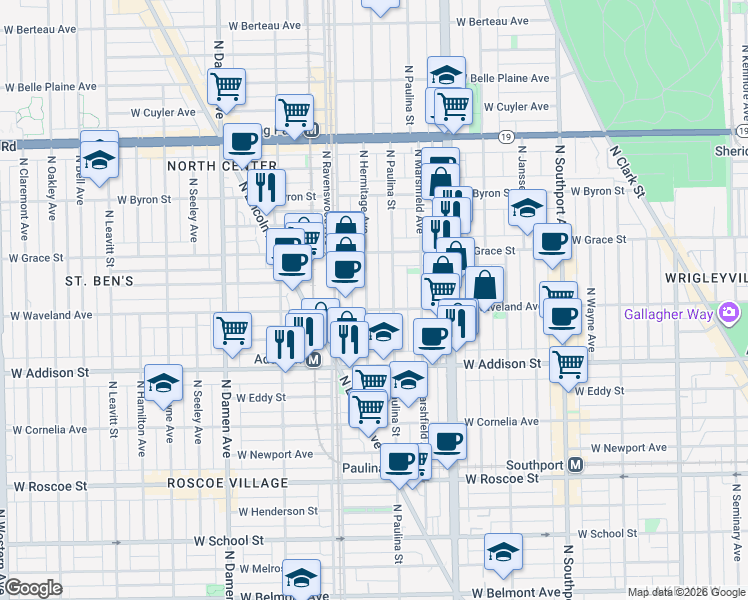 map of restaurants, bars, coffee shops, grocery stores, and more near 1714 West Waveland Avenue in Chicago