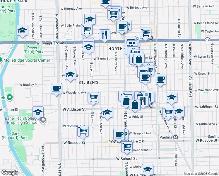 map of restaurants, bars, coffee shops, grocery stores, and more near 3709 North Hoyne Avenue in Chicago