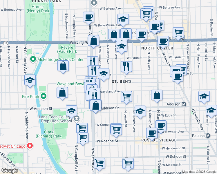 map of restaurants, bars, coffee shops, grocery stores, and more near 3711 North Oakley Avenue in Chicago
