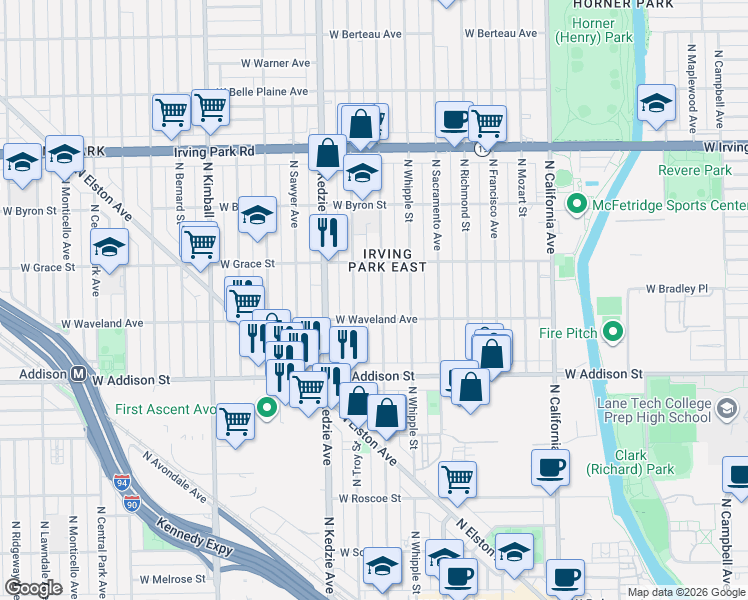 map of restaurants, bars, coffee shops, grocery stores, and more near 3715 North Troy Street in Chicago