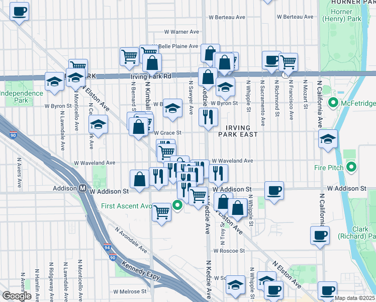 map of restaurants, bars, coffee shops, grocery stores, and more near 3716 North Sawyer Avenue in Chicago