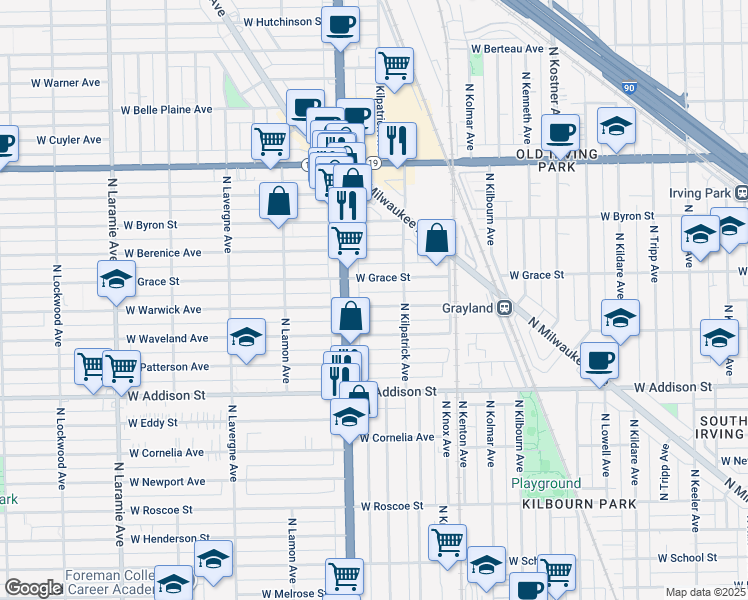 map of restaurants, bars, coffee shops, grocery stores, and more near 4718 West Warwick Avenue in Chicago
