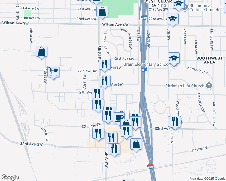 map of restaurants, bars, coffee shops, grocery stores, and more near 2840 Cory Court Southwest in Cedar Rapids