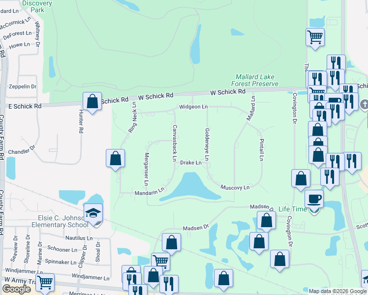map of restaurants, bars, coffee shops, grocery stores, and more near 171 Canvasback Lane in Bloomingdale