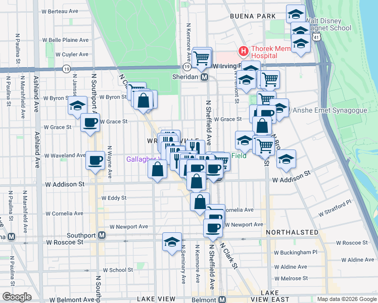 map of restaurants, bars, coffee shops, grocery stores, and more near 1042 West Waveland Avenue in Chicago