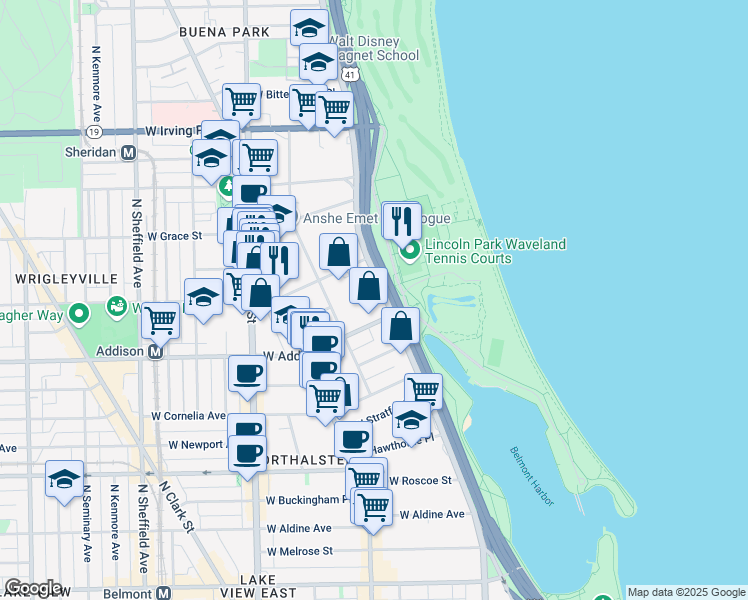 map of restaurants, bars, coffee shops, grocery stores, and more near 3606 North Lake Shore Drive in Chicago