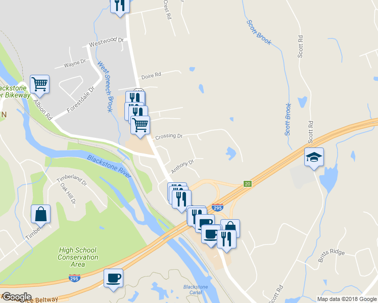 map of restaurants, bars, coffee shops, grocery stores, and more near 10 Menard Street in Cumberland
