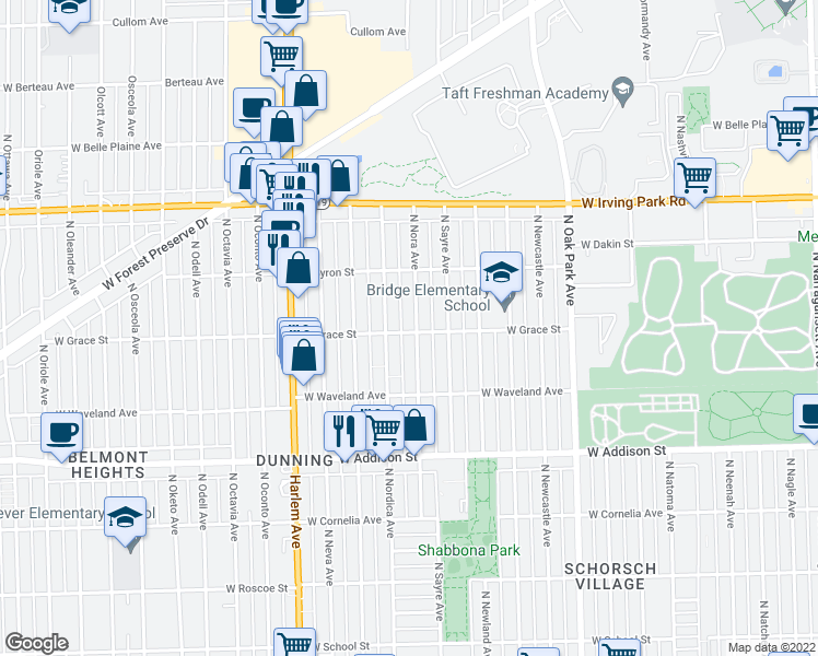 map of restaurants, bars, coffee shops, grocery stores, and more near 3800 North Nora Avenue in Chicago