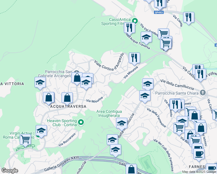 map of restaurants, bars, coffee shops, grocery stores, and more near 95 Via Misurina in Roma