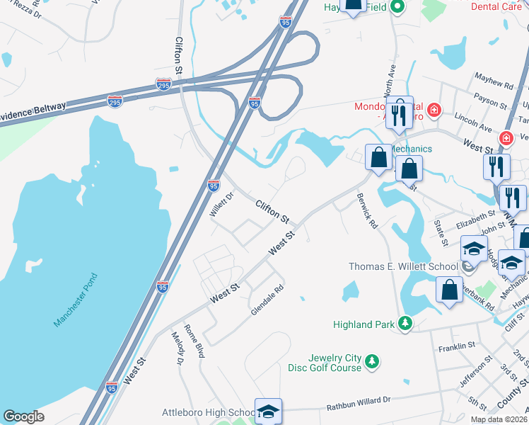 map of restaurants, bars, coffee shops, grocery stores, and more near 40 Clifton Street in Attleboro