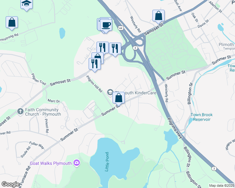 map of restaurants, bars, coffee shops, grocery stores, and more near 24 Pilgrim Hill Road in Plymouth