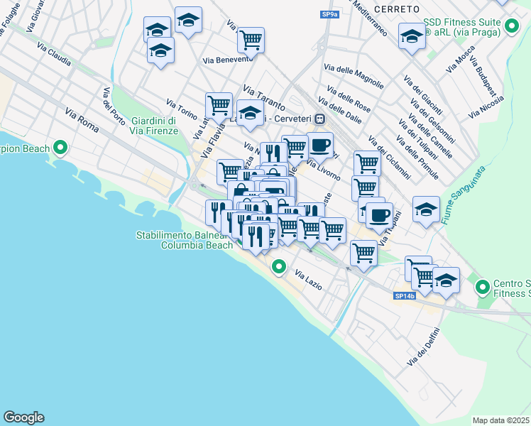 map of restaurants, bars, coffee shops, grocery stores, and more near 1 Piazza Martini Marescotti in Ladispoli