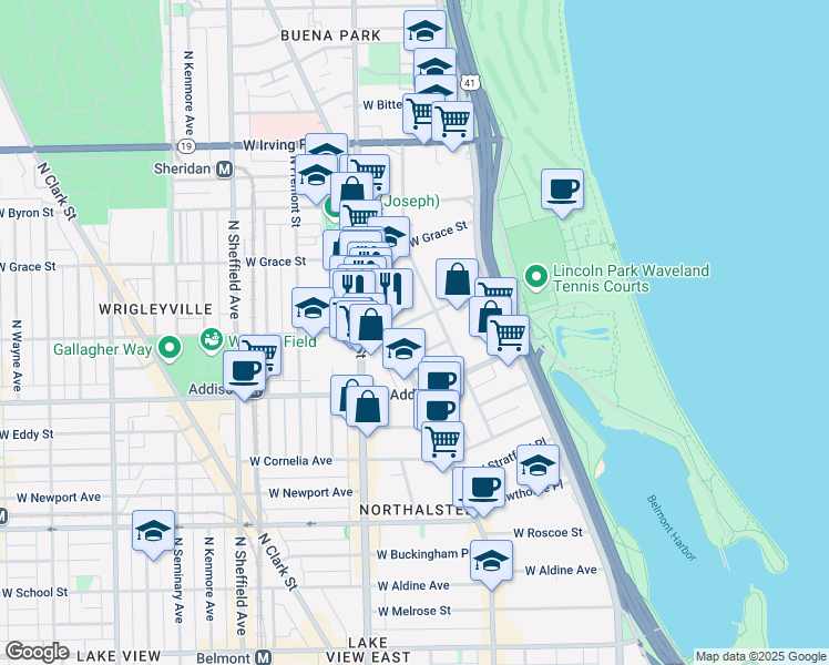 map of restaurants, bars, coffee shops, grocery stores, and more near 3665 North Broadway in Chicago