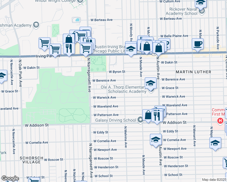 map of restaurants, bars, coffee shops, grocery stores, and more near 6235 West Grace Street in Chicago
