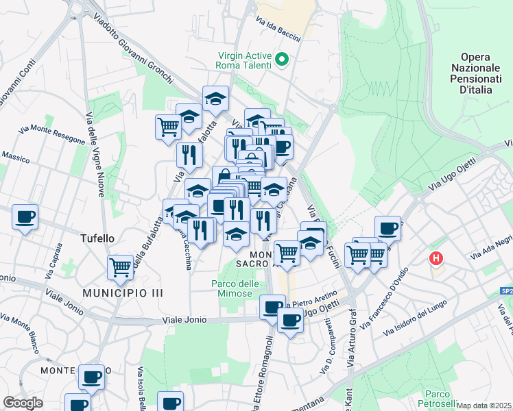 map of restaurants, bars, coffee shops, grocery stores, and more near 37 Via Franco Sacchetti in Rome