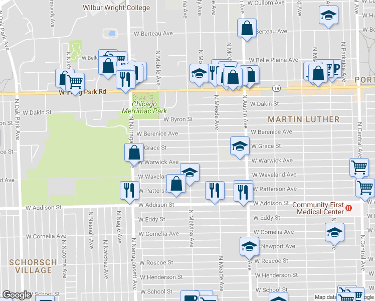 map of restaurants, bars, coffee shops, grocery stores, and more near 6201 West Grace Street in Chicago