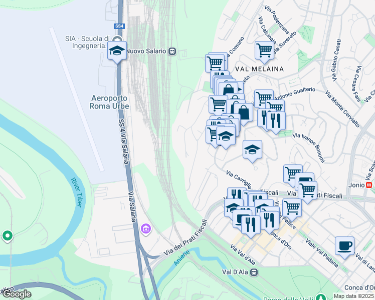 map of restaurants, bars, coffee shops, grocery stores, and more near 63 Via Chiusi in Roma