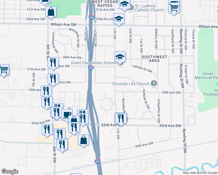 map of restaurants, bars, coffee shops, grocery stores, and more near 261 28th Avenue Southwest in Cedar Rapids