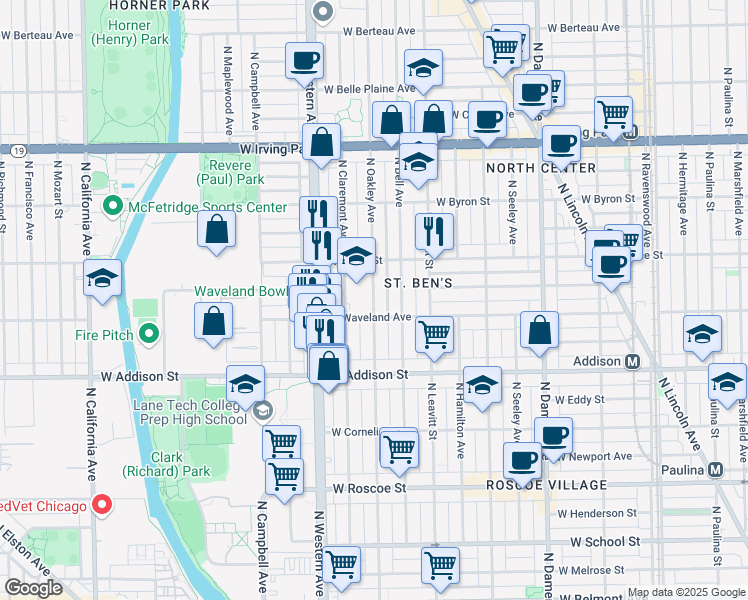 map of restaurants, bars, coffee shops, grocery stores, and more near 3730 North Oakley Avenue in Chicago